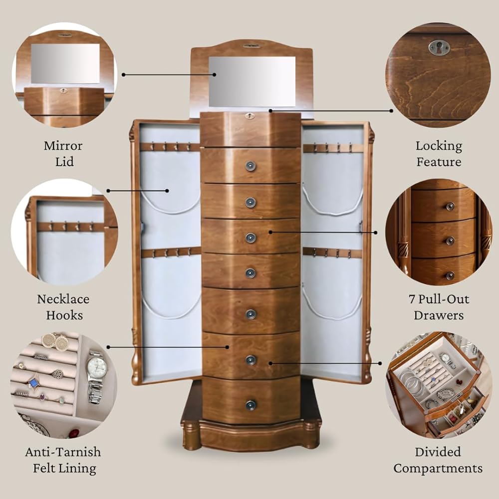Hives &amp; Honey Antoinette Jewelry Armoire – Elegant Storage Organizer with Locking Top, Necklace Side Doors &amp; 7 Spacious Drawers, Walnut