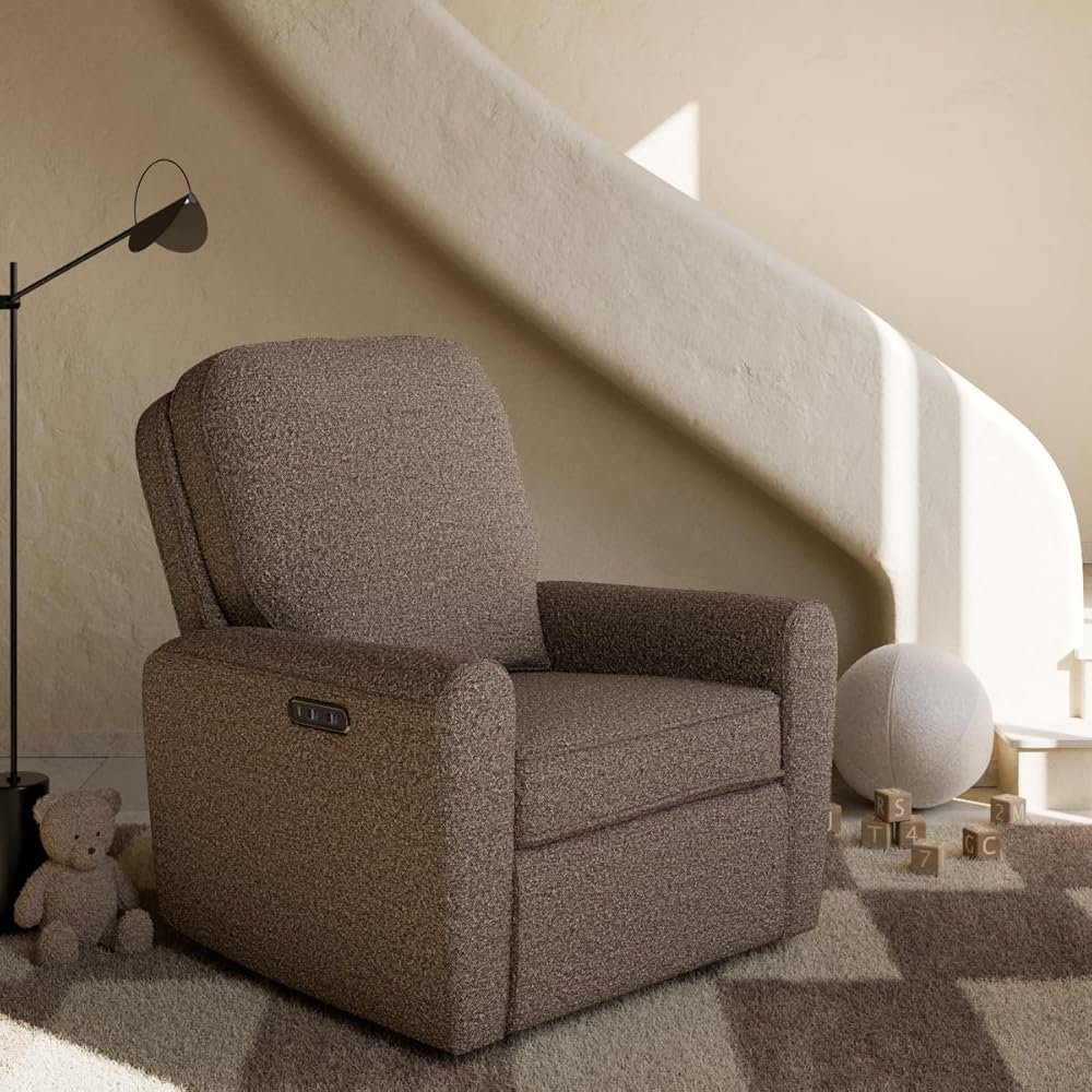 Storkcraft Amalfi Deluxe Power Recliner Swivel Glider (Mountain Brown Boucle) – Premium Electronic Power Recliner for Nursery, Includes Dual-USB Charging Port with USB-A &amp; USB-C, Glider Rocking Chair