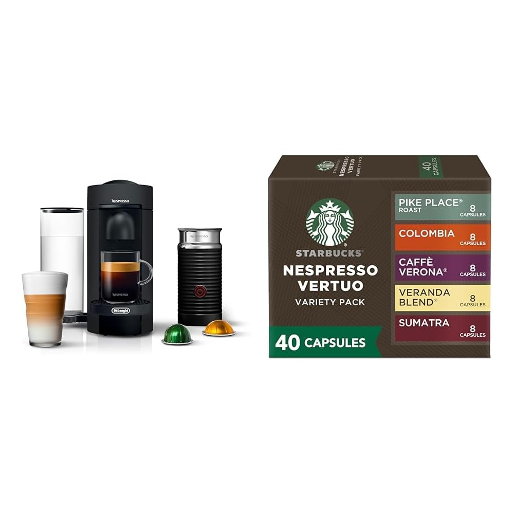 De'Longhi Nespresso Vertuo Plus Deluxe Coffee and Espresso Maker, Matte Black with Aeroccino Milk Frother + Starbucks by Nespresso Capsules, Vertuo Line
