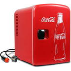 Coca-Cola Classic Coke Bottle 4L Mini Fridge w/ 12V DC and 110V AC Cords, 6 Can Portable Cooler, Personal Travel Refrigerator for Snacks Lunch Drinks Cosmetics, Desk Home Office Dorm, Red
