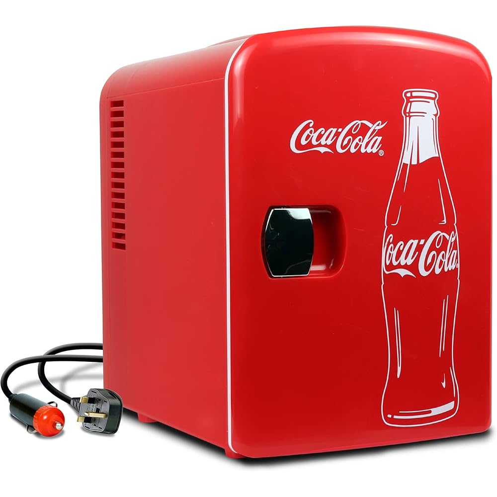 Coca-Cola Classic Coke Bottle 4L Mini Fridge w/ 12V DC and 110V AC Cords, 6 Can Portable Cooler, Personal Travel Refrigerator for Snacks Lunch Drinks Cosmetics, Desk Home Office Dorm, Red