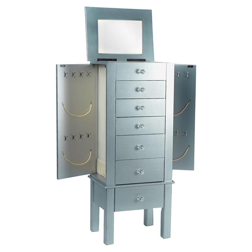 Hives and Honey Crystal, 6 Felt-Lined Drawers, Side Necklace Hooks, Built-in Mirror, Cord Port, Elegant Beaded Trim, Jewel Knobs, Storage Organizer Jewelry Armoire, 38″ H x 16″ W x 12″ D, Silver