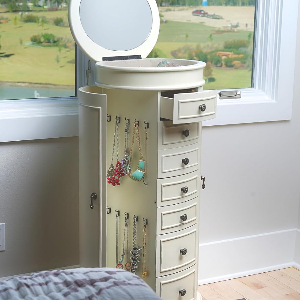 Hives and Honey Blair Oval Standing Jewelry Armoire, Organizer with Mirror Lid, Side Doors, 7 Drawers, Jewelry Box for Necklaces, Earrings, Bracelets, Ivory