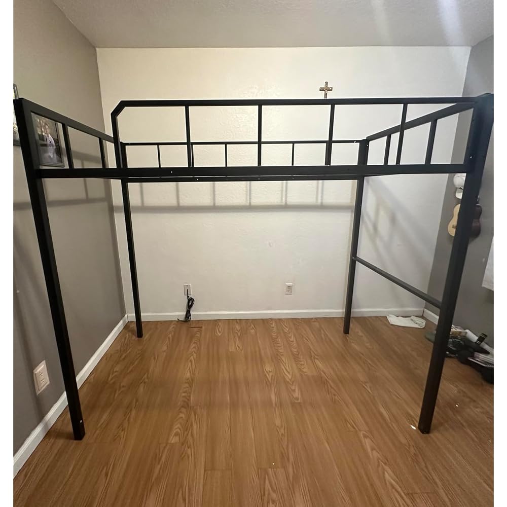 Full Size Loft Bed with Desk, Stairs & LED Light, Metal Gaming Loft Bed Frame with Headboard, Safety Guardrails, Charging Station, Closet & Fabric Drawers, Space Saving, Black & Burnt Wood