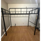 Full Size Loft Bed with Desk, Stairs & LED Light, Metal Gaming Loft Bed Frame with Headboard, Safety Guardrails, Charging Station, Closet & Fabric Drawers, Space Saving, Black & Burnt Wood