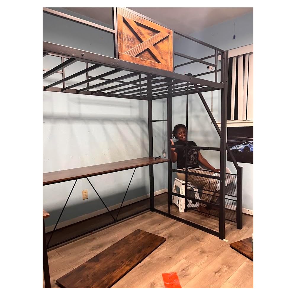 Stairway Twin Size Loft Bed with L Shaped Desk and Wardrobe, Metal Loft Bed Frame with Storage Stairs, 3 Fabric Drawers, LED Lights & Charging Sation (Rustic Brown, Twin)