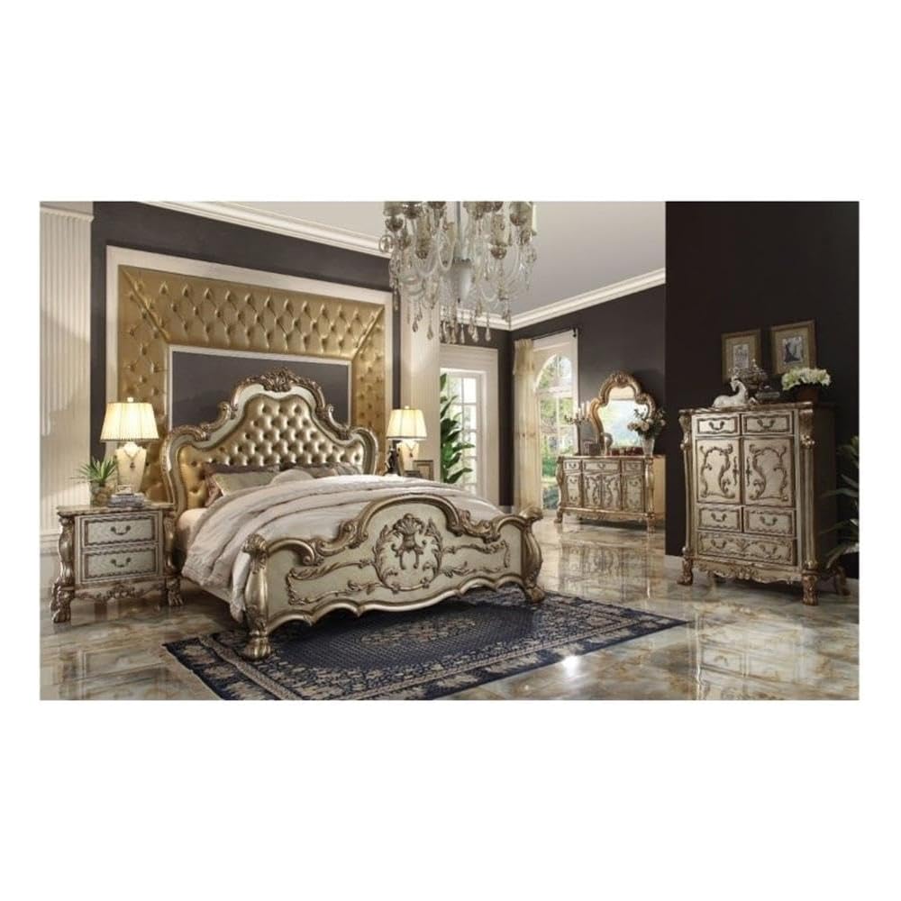 Furniture Dresden Bed, Bone PU/Gold Patina, Queen