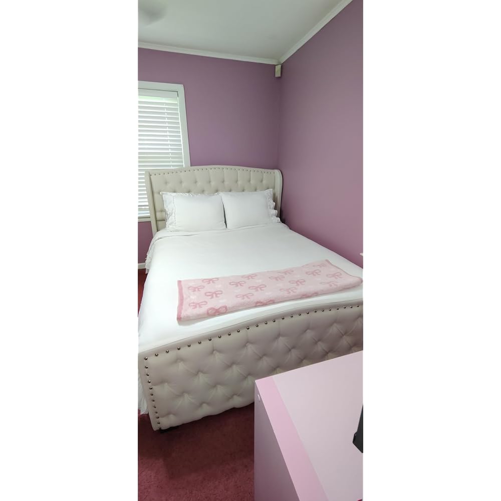 Queen Size Bed Frame with Velvet Upholstered Wingback Headboard