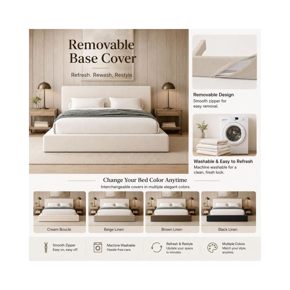 Square Bed – Washable Zip Cover - Upholstered Linen Soft Foam - Modular Minimalist Modern - Sold Separately (Cream Boucle, Queen Headboard)