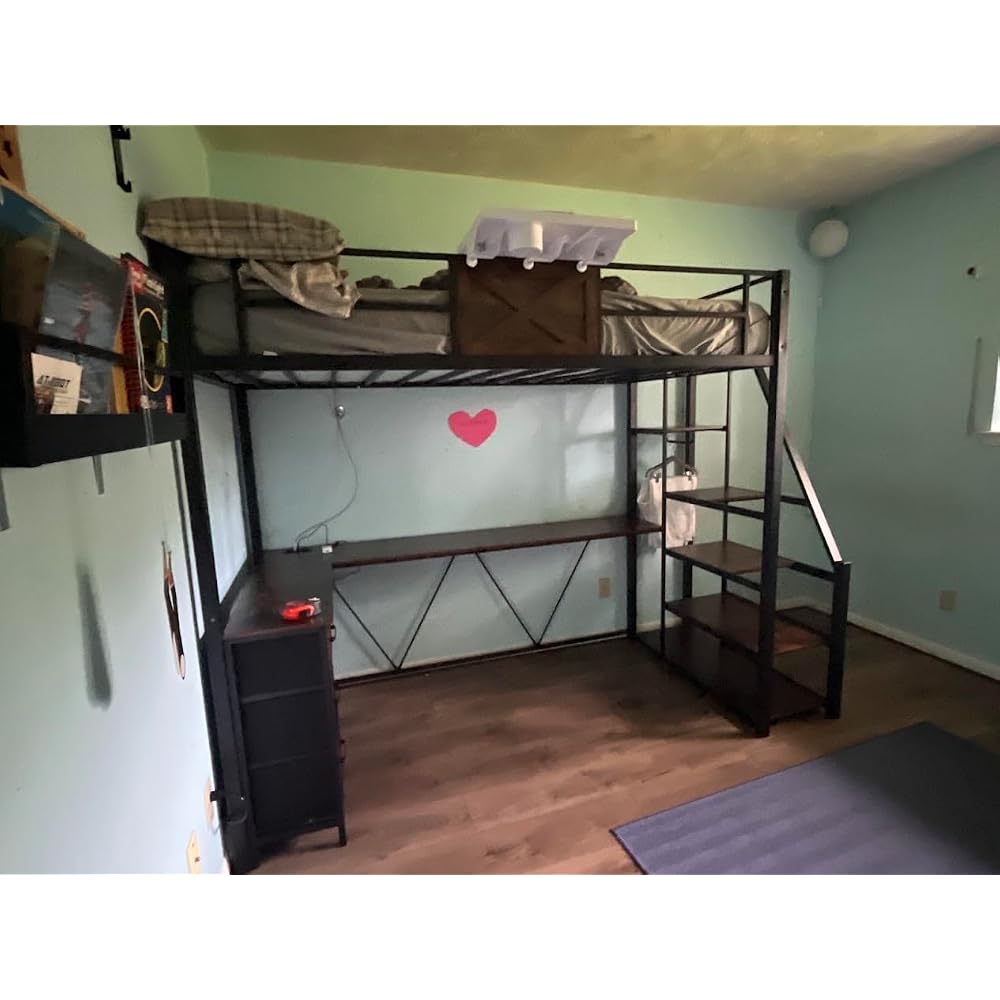 Stairway Twin Size Loft Bed with L Shaped Desk and Wardrobe, Metal Loft Bed Frame with Storage Stairs, 3 Fabric Drawers, LED Lights & Charging Sation (Rustic Brown, Twin)