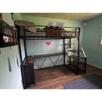 Stairway Twin Size Loft Bed with L Shaped Desk and Wardrobe, Metal Loft Bed Frame with Storage Stairs, 3 Fabric Drawers, LED Lights & Charging Sation (Rustic Brown, Twin)