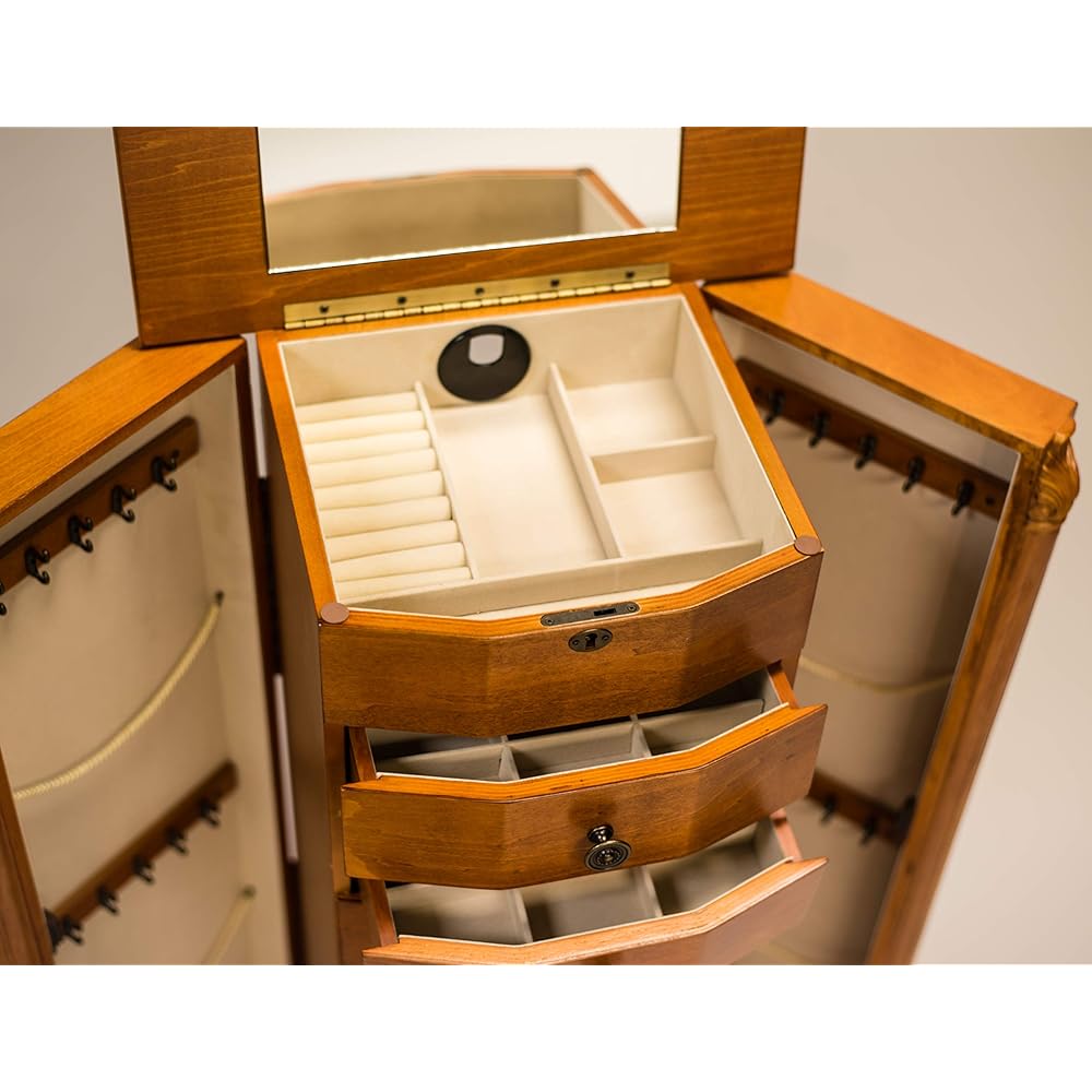 Hives and Honey Henry IV Locking Jewelry Armoire with Charging Port, Oak