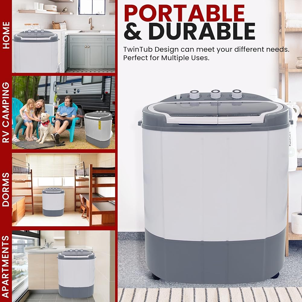 Pure Clean Compact Home Washer &amp; Dryer, 2 in 1 Portable Mini Washing Machine, Twin Tubs, 11lbs. Capacity, 110V, Spin Cycle w/Hose, Translucent Tub Container Window, Ideal for Smaller Laundry Loads, Gray