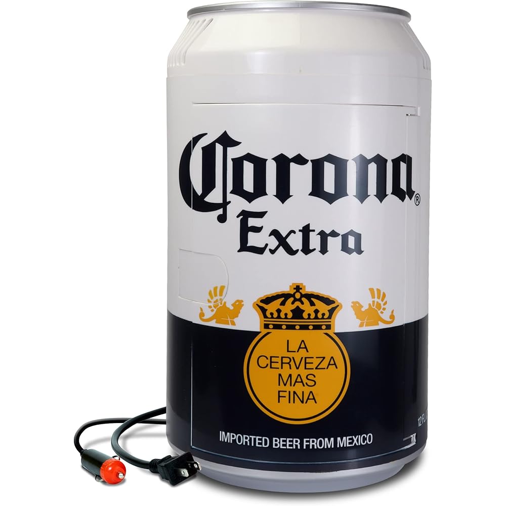 Corona 8 Can Portable Mini Fridge w/ 12V DC and 110V AC Cords, 5.4L (5.7 qt) Beer Can Shaped Personal Cooler, White, Travel Fridge for Beer, Snacks, Lunch, Drinks, Home, Office, Bar, Dorm, RV