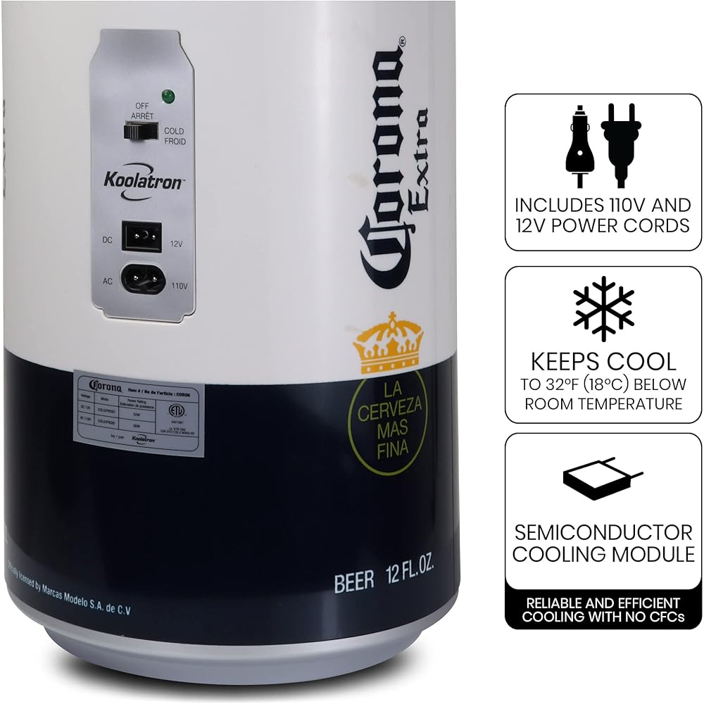 Corona 8 Can Portable Mini Fridge w/ 12V DC and 110V AC Cords, 5.4L (5.7 qt) Beer Can Shaped Personal Cooler, White, Travel Fridge for Beer, Snacks, Lunch, Drinks, Home, Office, Bar, Dorm, RV