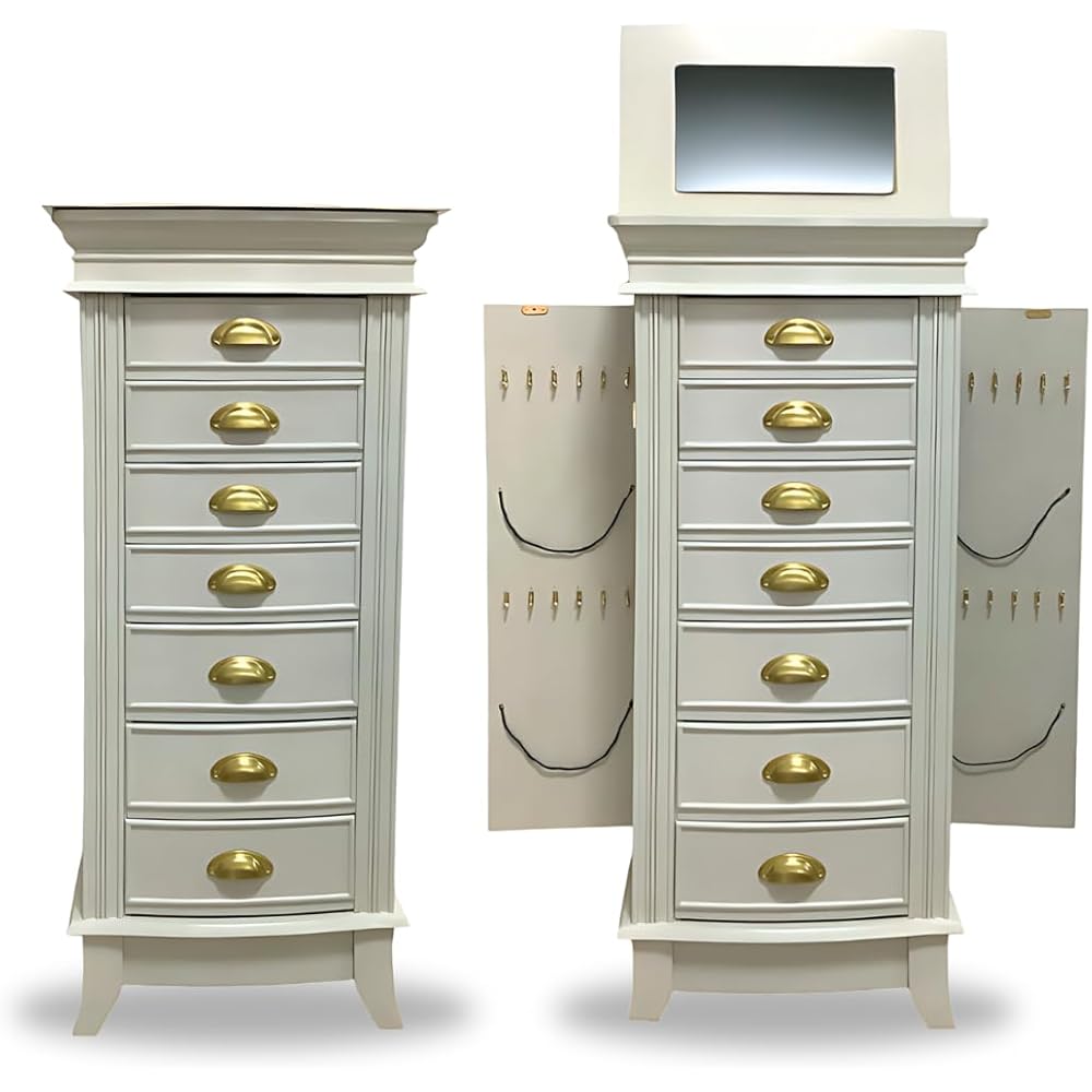 HIVES &amp; HONEY Holly Organizer Storage 7 Drawers Bronze Shaker Hardware Jewelry Armoire, 40" X 18" X 12", White