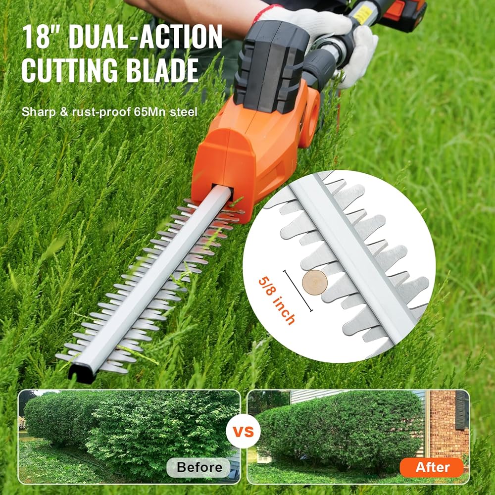 VEVOR Pole Cordless Hedge Trimmer, 20V Electric Bush Trimmer Kit with 18 inch Double-Edged Steel Blade, 74"-94" Telescoping Design for High Branches(2.0Ah Battery &amp; Fast Charger Included)