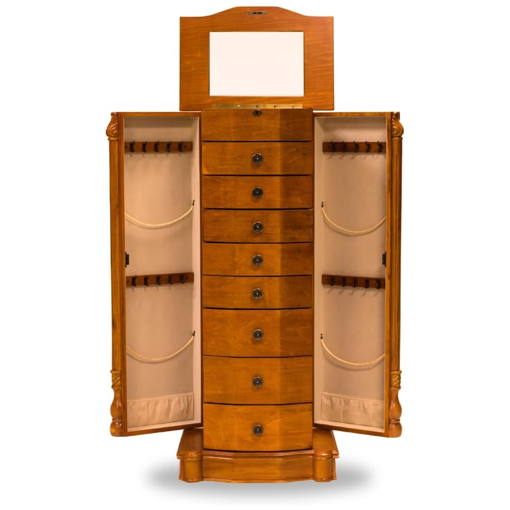 Alveare Home Louisa Standing Locking Jewelry Armoire – Wood Storage Cabinet with Mirror, 8 Drawers, Necklace Hooks, Ring Rolls &amp; Cord Organizing Port – Safe &amp; Elegant Organizer, Oak