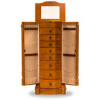 Alveare Home Louisa Standing Locking Jewelry Armoire – Wood Storage Cabinet with Mirror, 8 Drawers, Necklace Hooks, Ring Rolls &amp; Cord Organizing Port – Safe &amp; Elegant Organizer, Oak