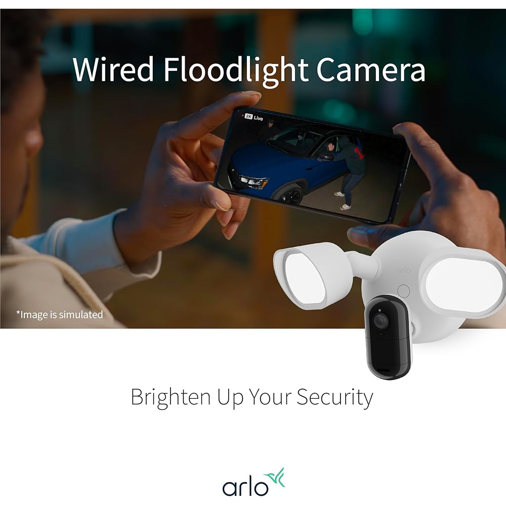 Arlo Wired Floodlight Camera | Home Security Camera with 2K Video and HDR | 2000 Lumens | Integrated Siren, Weather-Resistant, Color Night Vision, 160º Field of View, 2-Way Audio, White (2025)