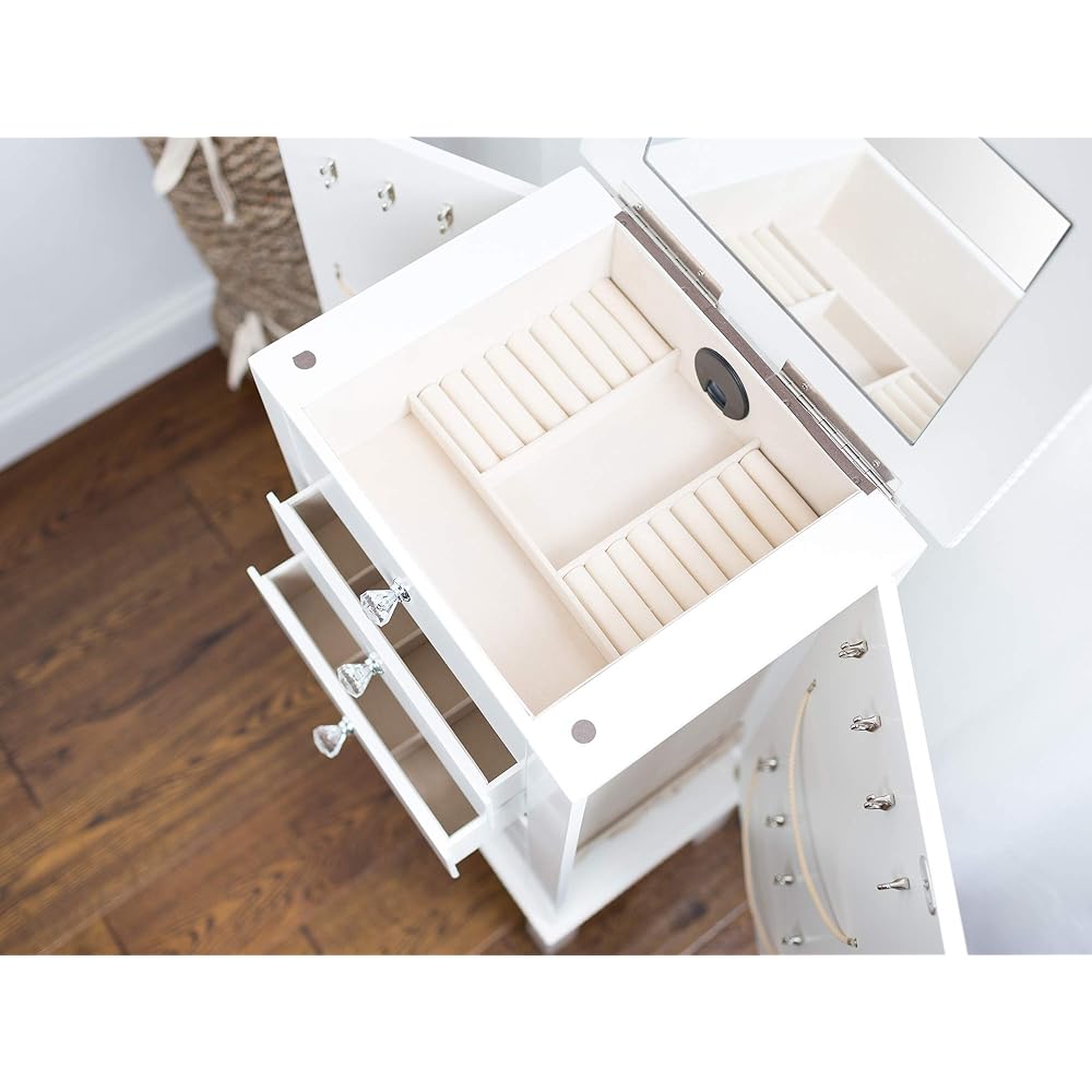 Hives and Honey Crystal Jewelry Armoire Modern White Storage Organizer with Divided Drawers and Necklace Hooks French-Inspired Design with Jewel-Like Pulls Anti-Tarnish Felt Lining