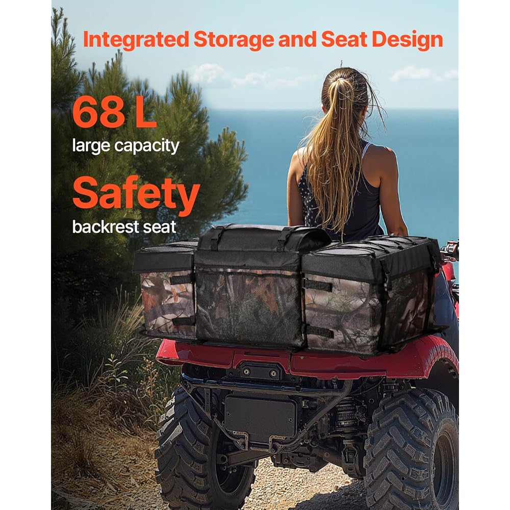 VEVOR ATV Rear Storage Bag, 68L ATV Rear Cargo Bag with Sponge Seat Cushion &amp; Bottle Holder, 600D Oxford Cloth Storage Rear Rack Seat Bag Fit Most ATVs with Rear Rack, Compatible with ATV, UTV, Can-Am
