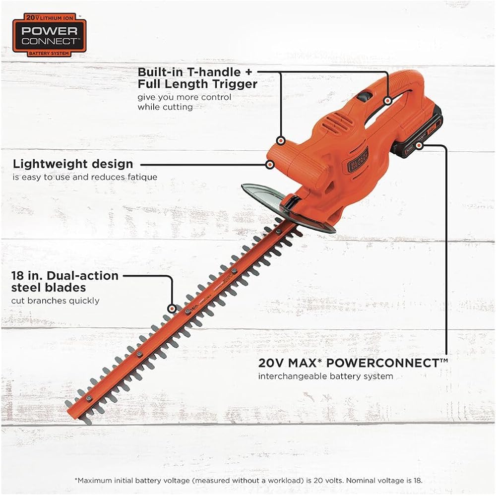 BLACK+DECKER 20V MAX Hedge Trimmer, Cordless, 18 inch Blade, Reduced Vibration, Battery and Charger Included (LHT218C1)
