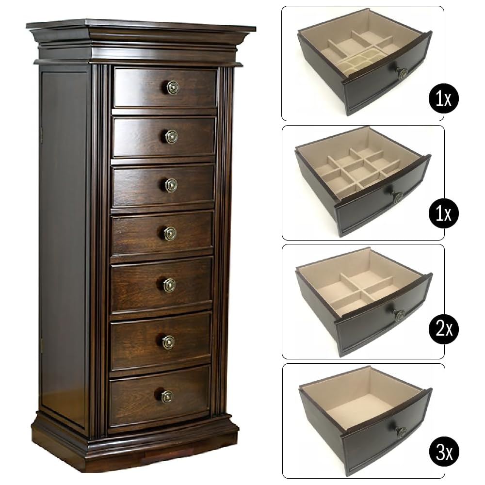 Hives and Honey Landry Standing Jewelry Armoire Cabinet – Jewelry Storage Organizer with Flip-Top Mirror, Side Doors, 7 Drawers, Necklace, Earring, and Bracelet Storage, Walnut