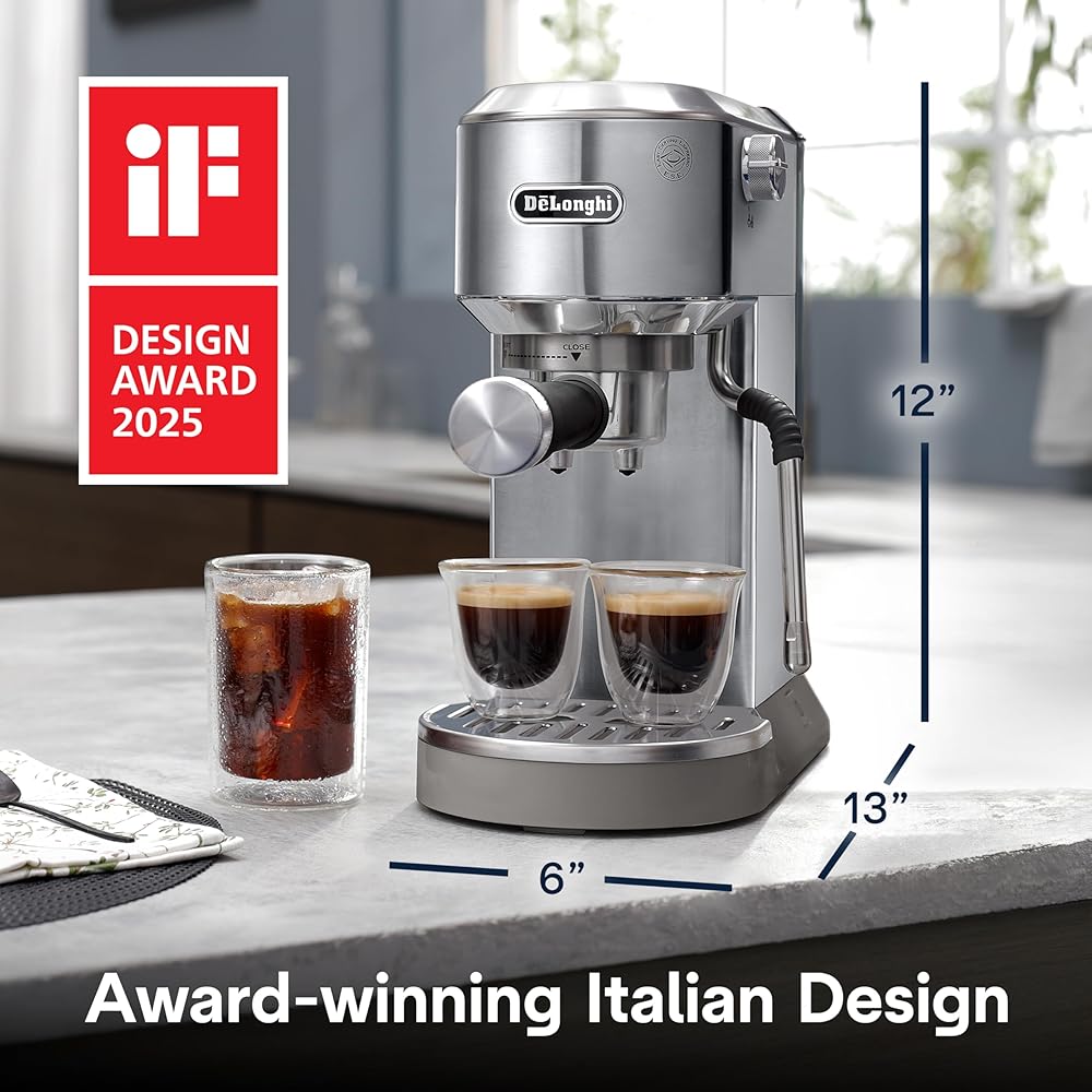 De'Longhi Dedica Duo Compact Espresso Machine Cold Brew Coffee Maker with Milk Frother Wandfor Espresso, Hot &amp; Iced Coffee, Cappuccinos, Lattes &amp; Home Barista Brewing, Stainless Steel