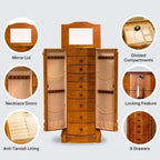 Alveare Home Louisa Standing Locking Jewelry Armoire – Wood Storage Cabinet with Mirror, 8 Drawers, Necklace Hooks, Ring Rolls &amp; Cord Organizing Port – Safe &amp; Elegant Organizer, Oak
