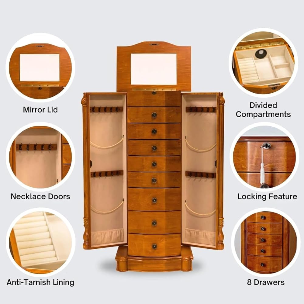 Alveare Home Louisa Standing Locking Jewelry Armoire – Wood Storage Cabinet with Mirror, 8 Drawers, Necklace Hooks, Ring Rolls &amp; Cord Organizing Port – Safe &amp; Elegant Organizer, Oak