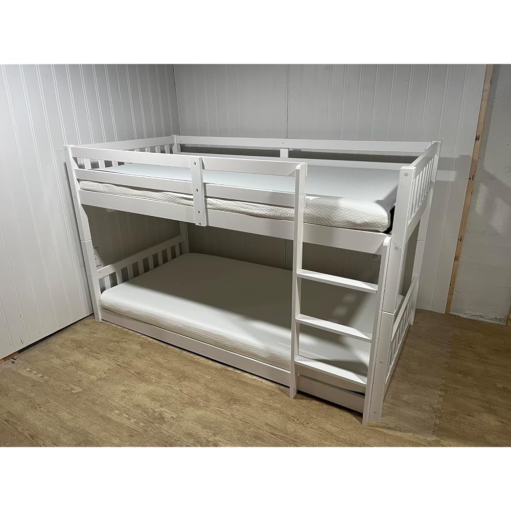 Solid Wood Low Twin Over Twin Bunk Bed for Kids/Junior, Bunk Bed Frame with Guardrails & Ladder for Boys Girls, No Box Spring Needed (White)