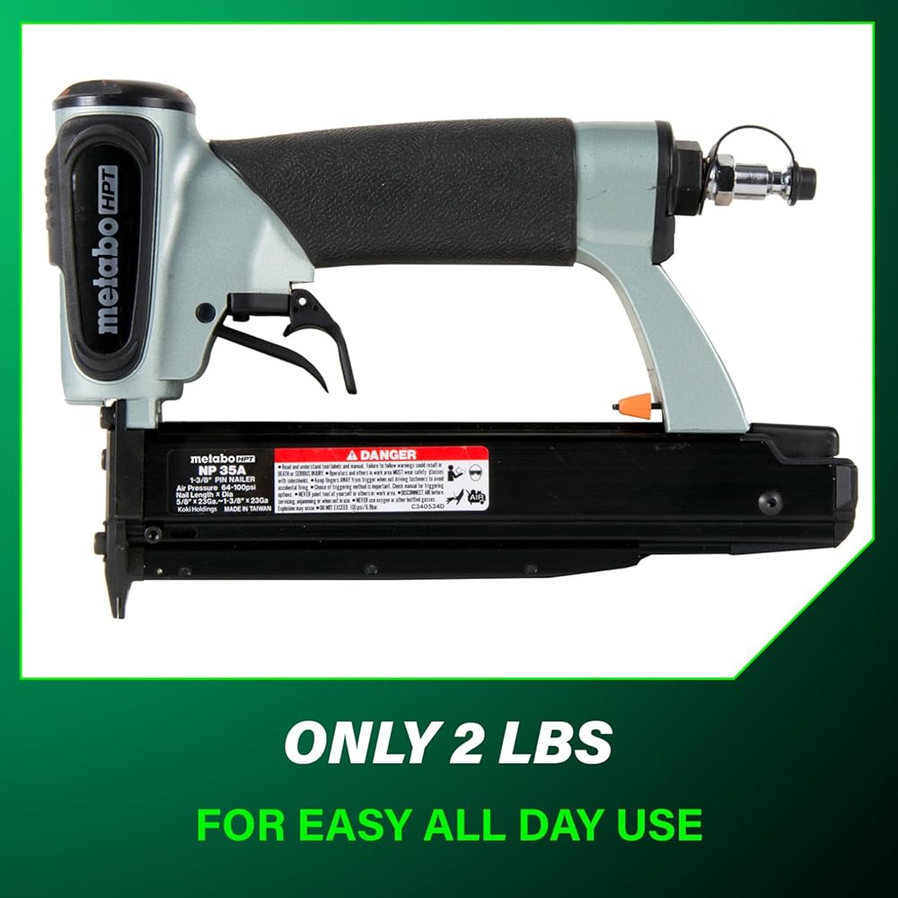 Metabo HPT Pin Nailer, Pro-Preferred Pneumatic Power Nailers for Cabinets, Trim, and Crafting, Makes Invisible Holes, Lightweight 2.0 lbs Tool, 23 Gauge, 5/8" to 1-3/8" Headless Micro Pins, NP35A