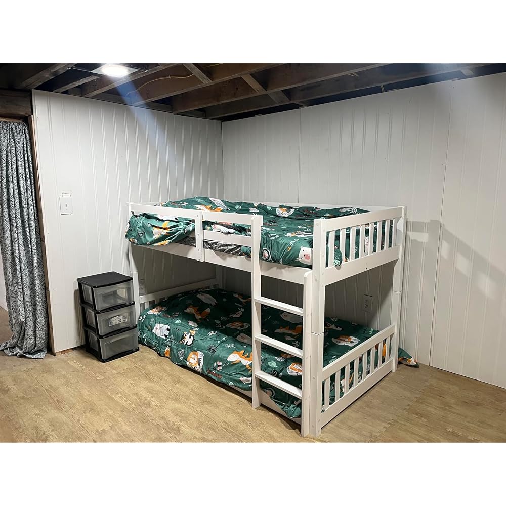 Solid Wood Low Twin Over Twin Bunk Bed for Kids/Junior, Bunk Bed Frame with Guardrails & Ladder for Boys Girls, No Box Spring Needed (White)