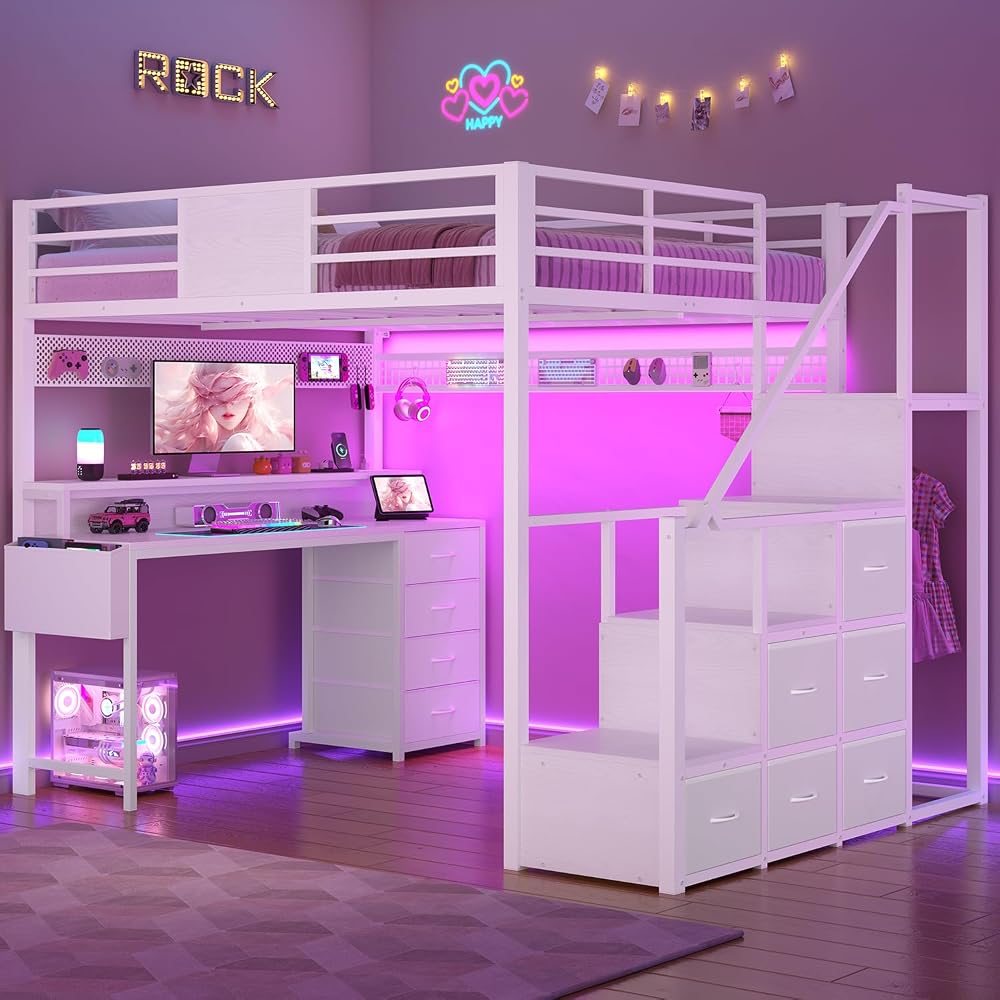 Full Size Loft Bed with 55.5" Desk and Storage Stairs, White