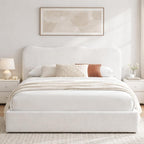 Queen Size Storage Bed Frame with 4 Pull-Out Drawers, Modern Upholstered Boucle Platform Bed with Curved Headboard, Wood Slats, No Box Spring Needed, Cream White