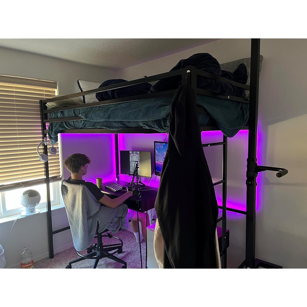 Metal Loft Bed Twin Size with Guardrail and Ladder,Black