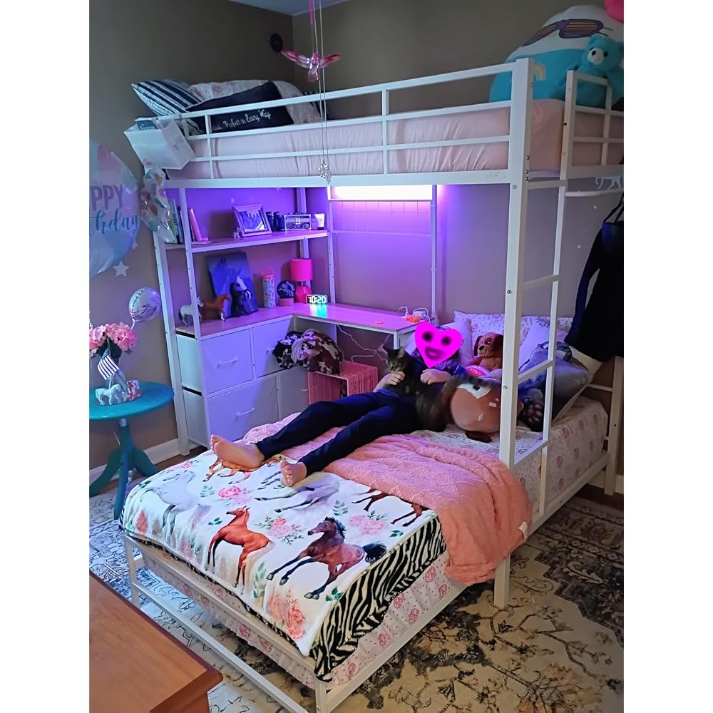 Bunk Bed Twin XL Over Twin with Desk,5 Storage Drawers and Charging Station