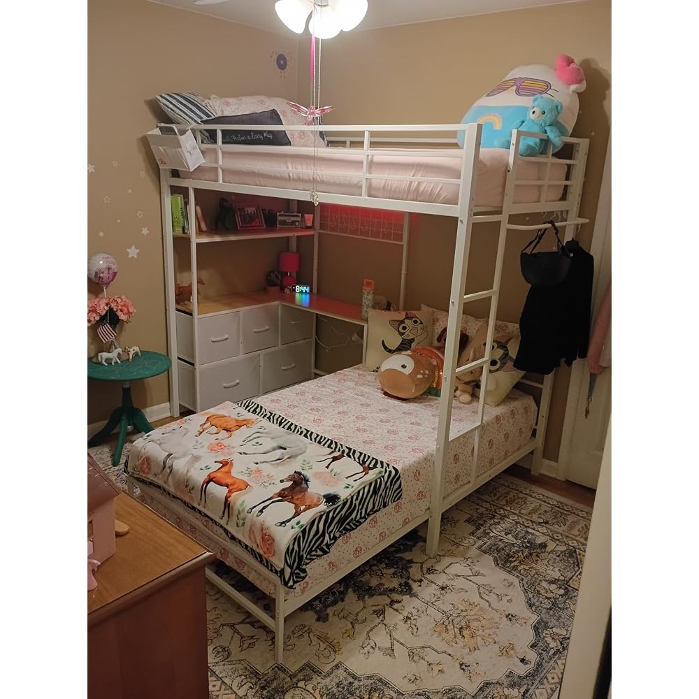 Bunk Bed Twin XL Over Twin with Desk,5 Storage Drawers and Charging Station