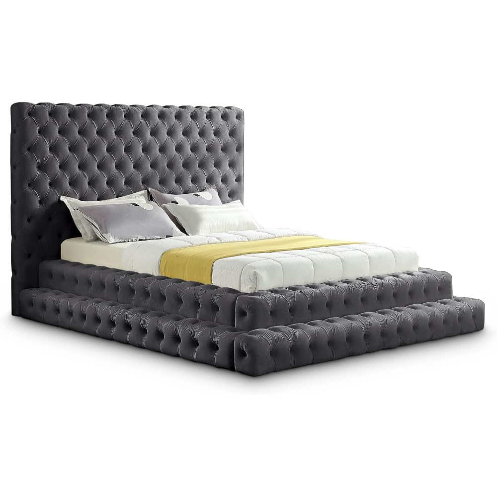 RevelGrey-Q Revel Collection Modern | Contemporary Grey Velvet Upholstered Bed with Deep Button Tufting, 85" W x 98" D x 60" H, Grey, Queen