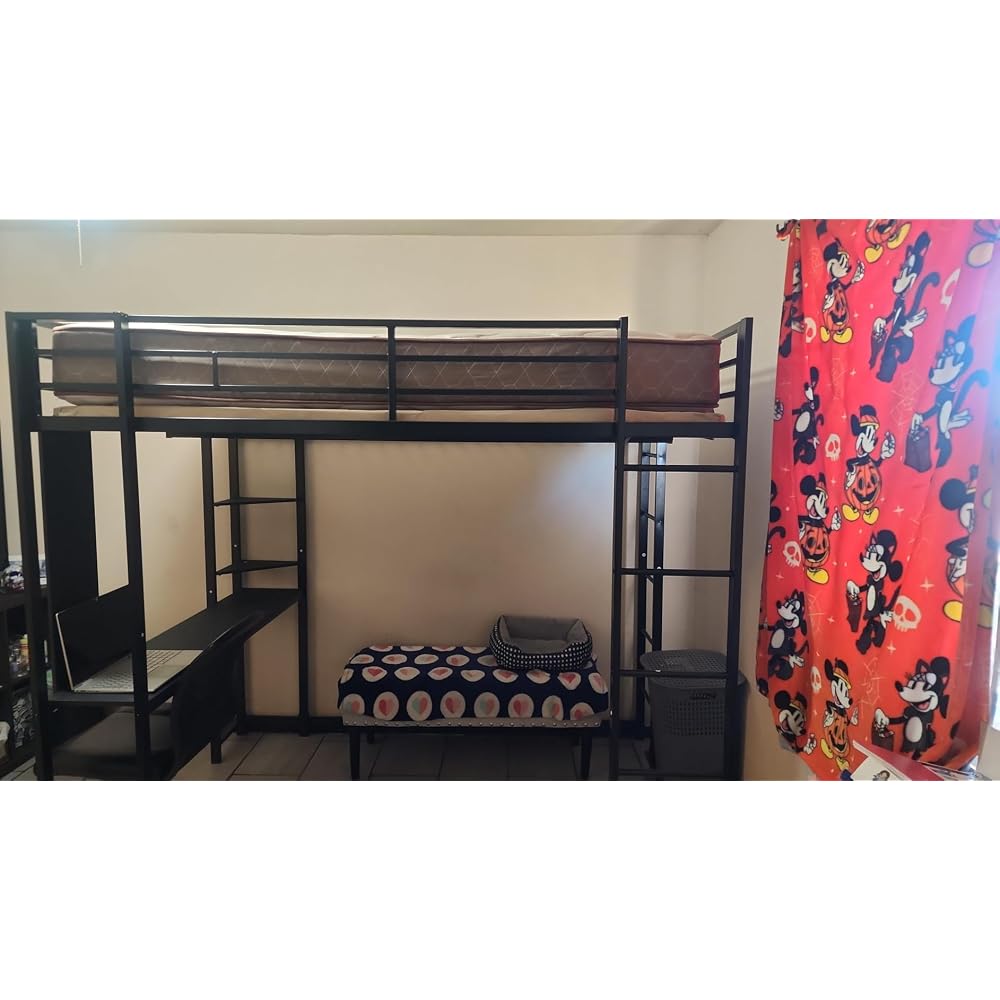 Loft Bed Full Size with Desk and Storage Shelves, Frame with 2 Side Ladders for Kids, Teens Adults, Spcace-Saving Noise-Free and Anti-tilt Design, Black