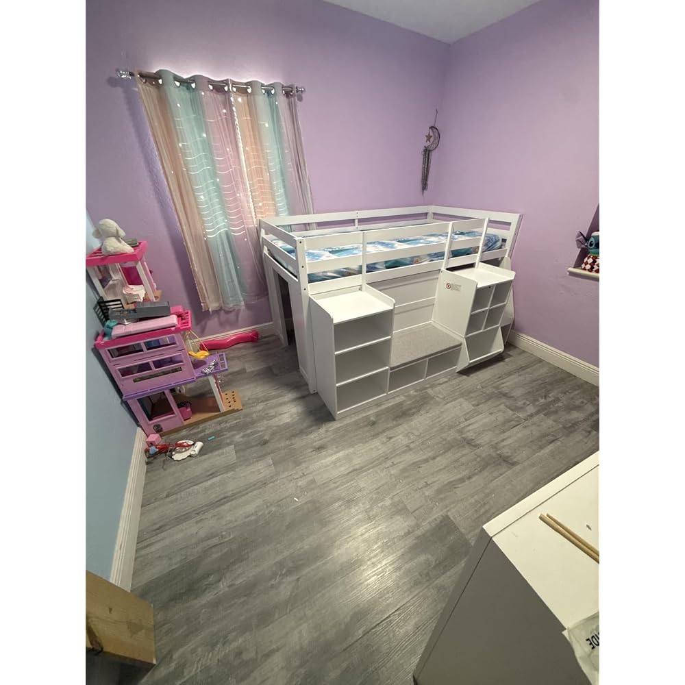 Low Loft Bed Twin Size with LED Lights, Wooden Kids Twin Loft Bed with Storage Bookcase, Toy Box, Reading Nook and Secret Play Space, Modern loft Bed with Stairs and Safety Guardrails for Boys Girls