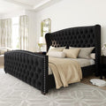 Queen Size Bed Frame with Velvet Upholstered Wingback Headboard