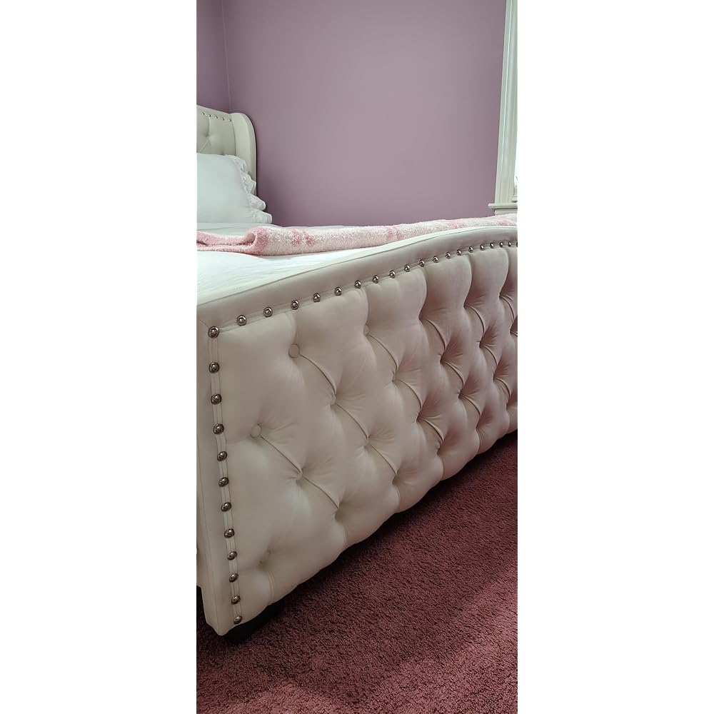 Queen Size Bed Frame with Velvet Upholstered Wingback Headboard