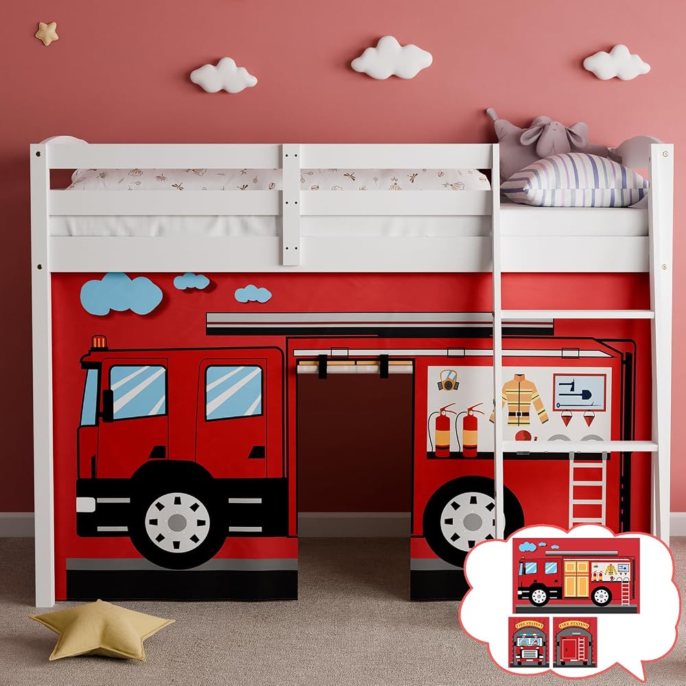 Fire-Truck Bunk Bed Curtains 45H Loft Bed Curtain, Twins