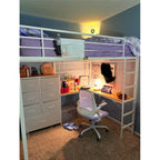 Full Loft Bed with L-Shaped Desk and 7 Storage Drawers, Metal Full Size Loft Bed for Teen with LED Lights and Charging Station,13.11" H Safety Guardrail and Ladder,No Box Spring Needed, White