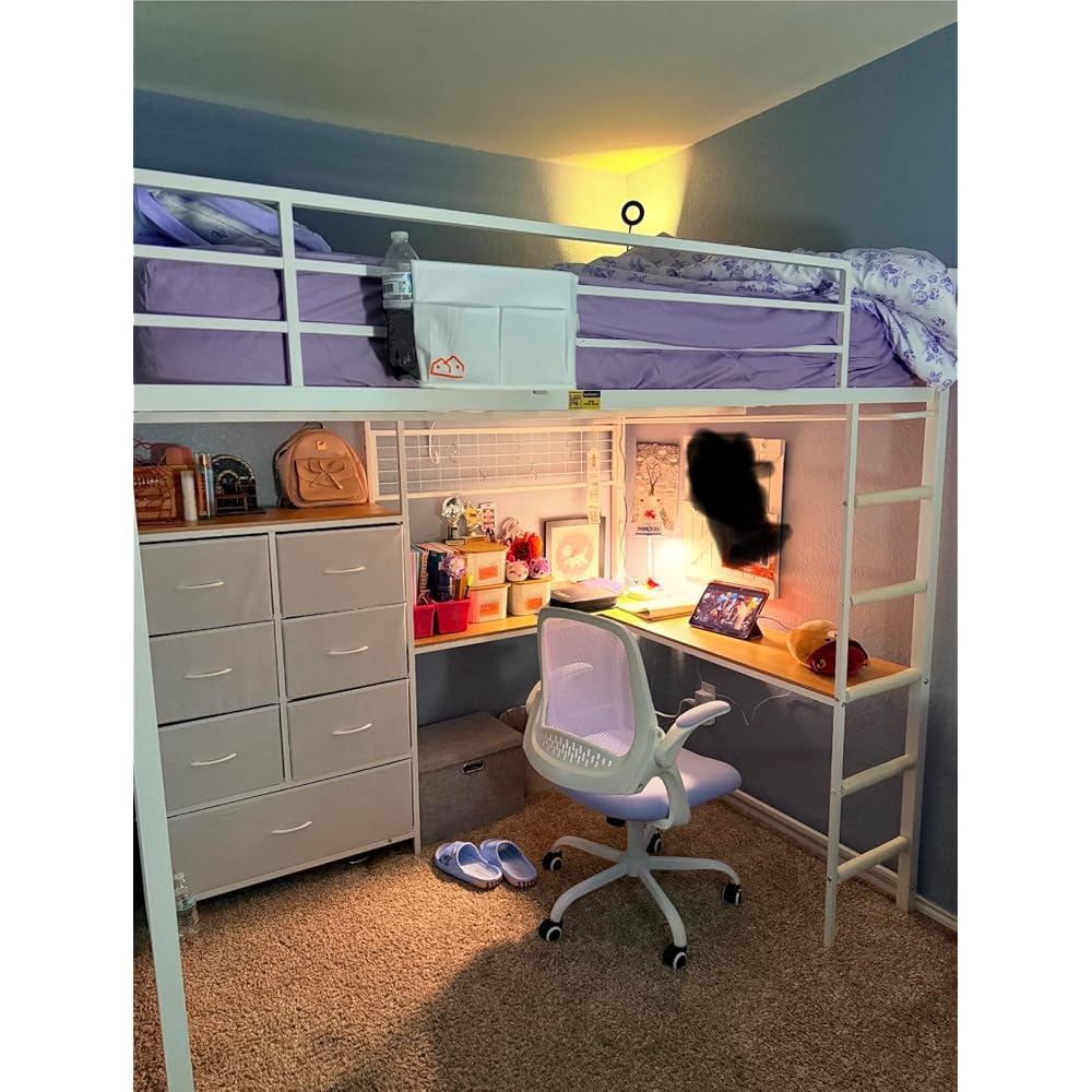 Full Loft Bed with L-Shaped Desk and 7 Storage Drawers, Metal Full Size Loft Bed for Teen with LED Lights and Charging Station,13.11" H Safety Guardrail and Ladder,No Box Spring Needed, White