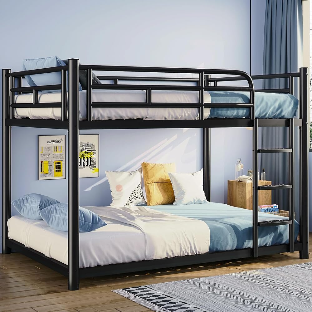 Metal Bunk Bed, Full Over Full Bunk Beds, Full Size Bunk Bed with Safety Guardrail and Ladder, Twin Bunk Beds, No Box Spring Needed, Noise Free for Apartment, Bedroom (Black)