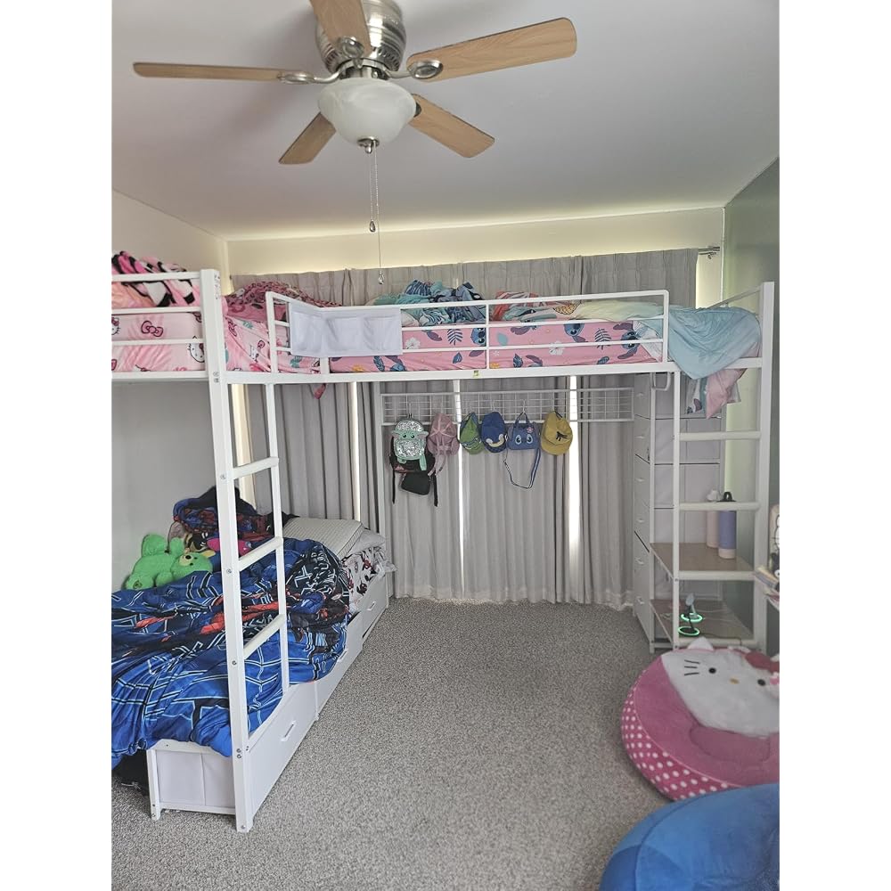 Triple Bunk Bed with 9 Storage Drawers and LED Lights, Twin Over Twin 3 Bed Bunk Beds for Kids with Shelves and Pegboard, Heavy-Duty Metal Bunk Bed with Full-Length Guardrail and Dual Ladders, Black