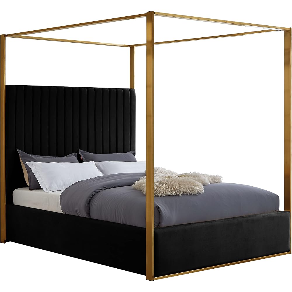 JonesBlack-Q Jones Collection Modern | Contemporary Upholstered Queen Bed, Black Velvet, Channel Tufting, Brushed Brass Frame, 66.5" W x 86.5" D x 79" H, Black, Queen